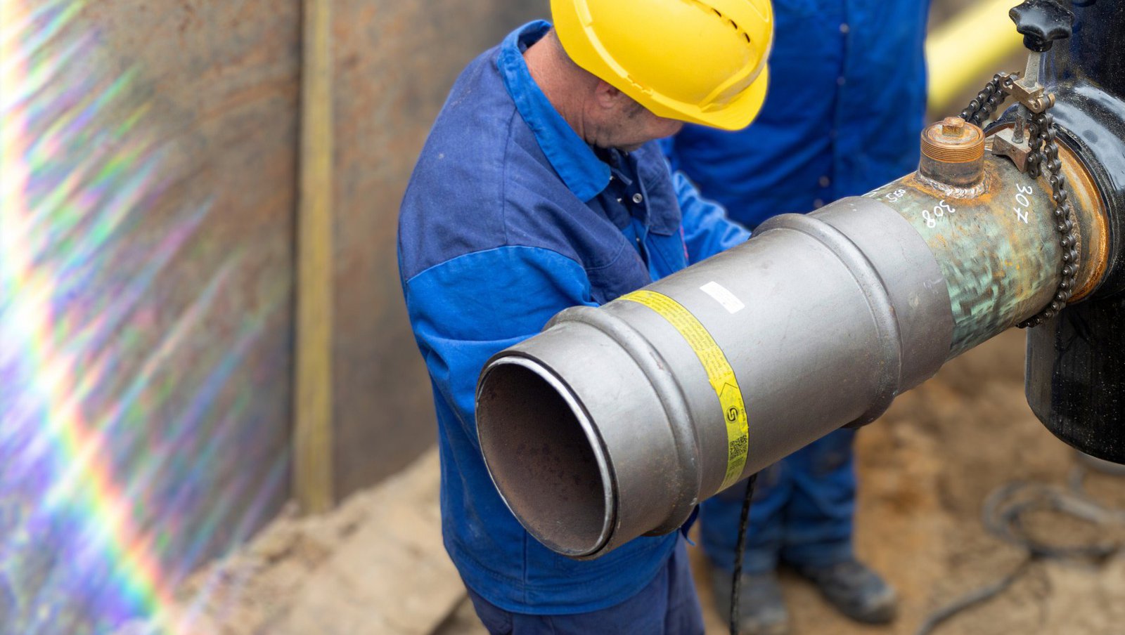 Arbeiter kniet in einer Baugrube an einer Gasleitung und arbeitet.